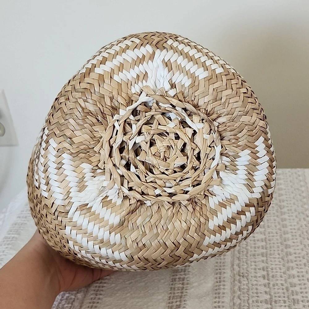 Handmade vintage double handled basket, snake charmer, neutral, farmhouse, boho